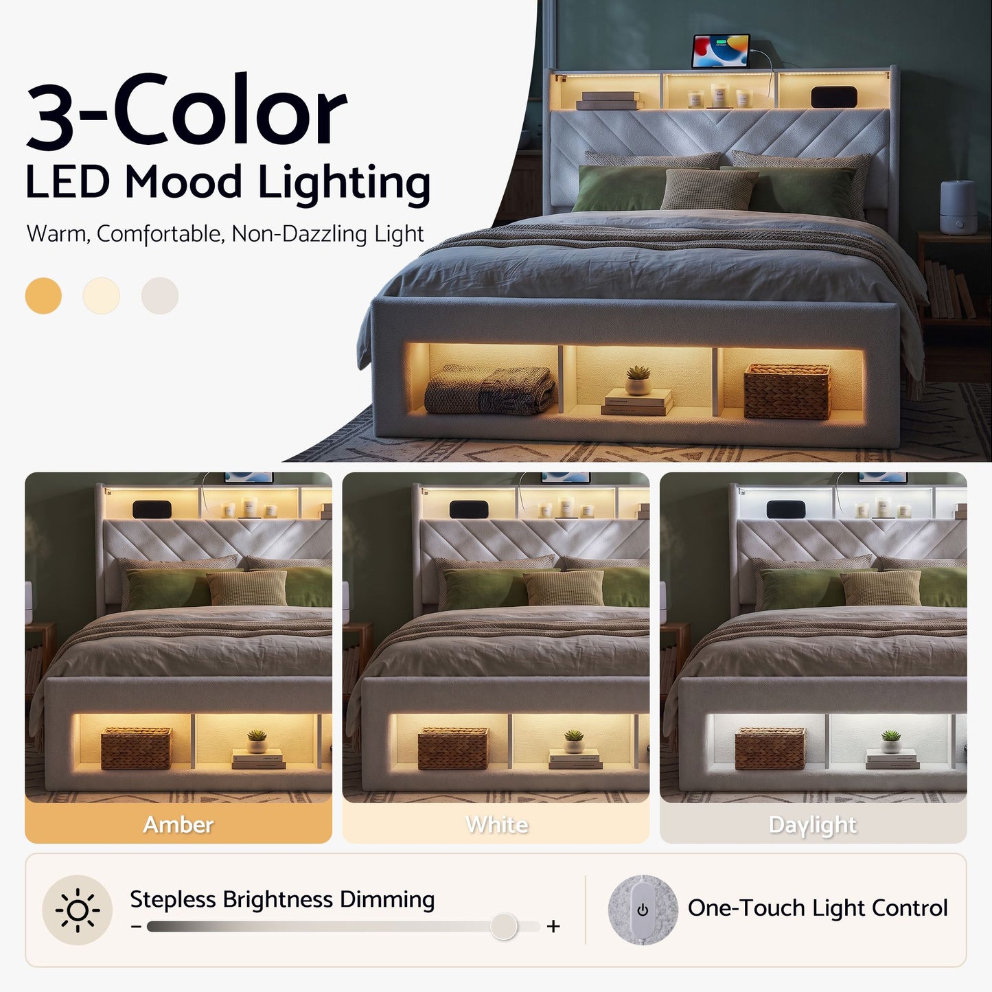Artiss Queen Bed Frame with Storage Charging Station & LED White