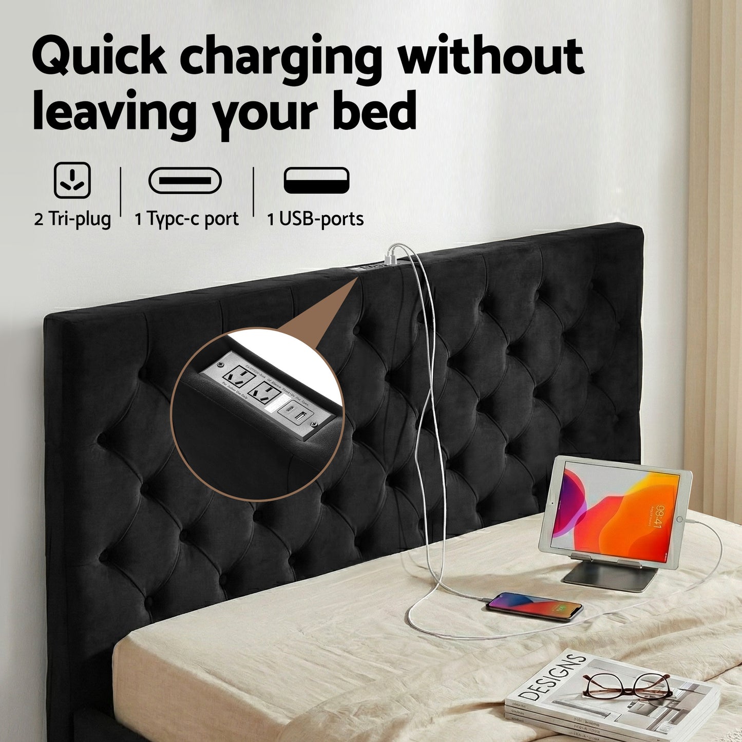 Artiss Queen Bed Frame Storage Charging Station Upholstered 3 Drawers USB Type-C