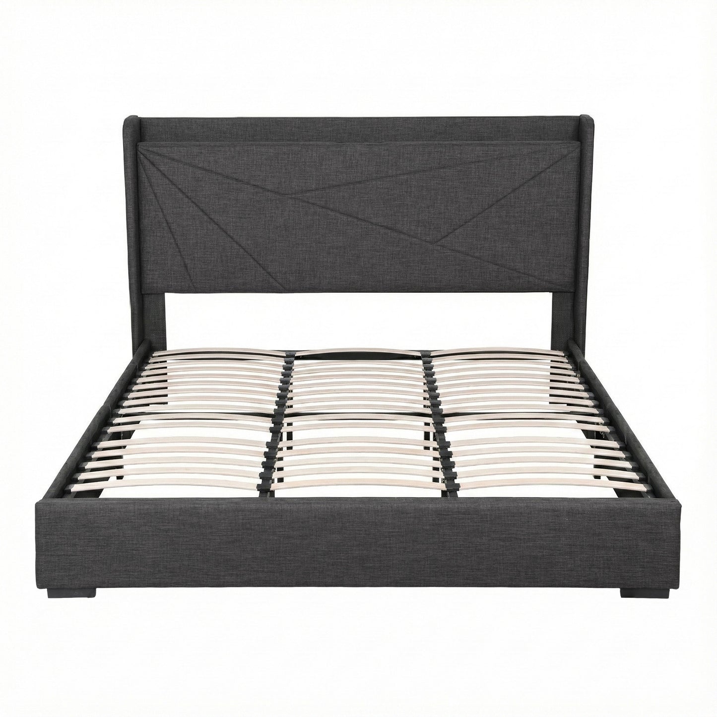 Artiss King Bed Frame Gas Lift Storage Bed with Charging Ports Upholstered Geometric Headboard Charcoal Grey