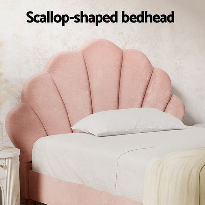 Artiss Bed Frame King Single Size Scallop-Shape Bedhead Beds Base Pink Velvet Fabric