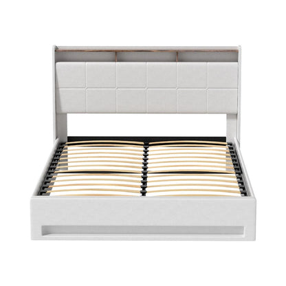 Artiss Bed Frame Gas Lift LED Beds Base Platform White PVC Leather Storage Headboard - Queen