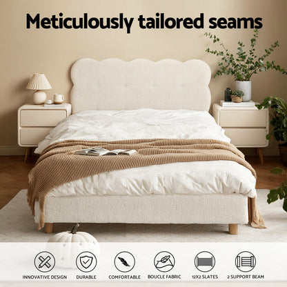 Artiss King Single Bed Frame Cloud Headboard Boucle Fabric Mattress Platform Base White