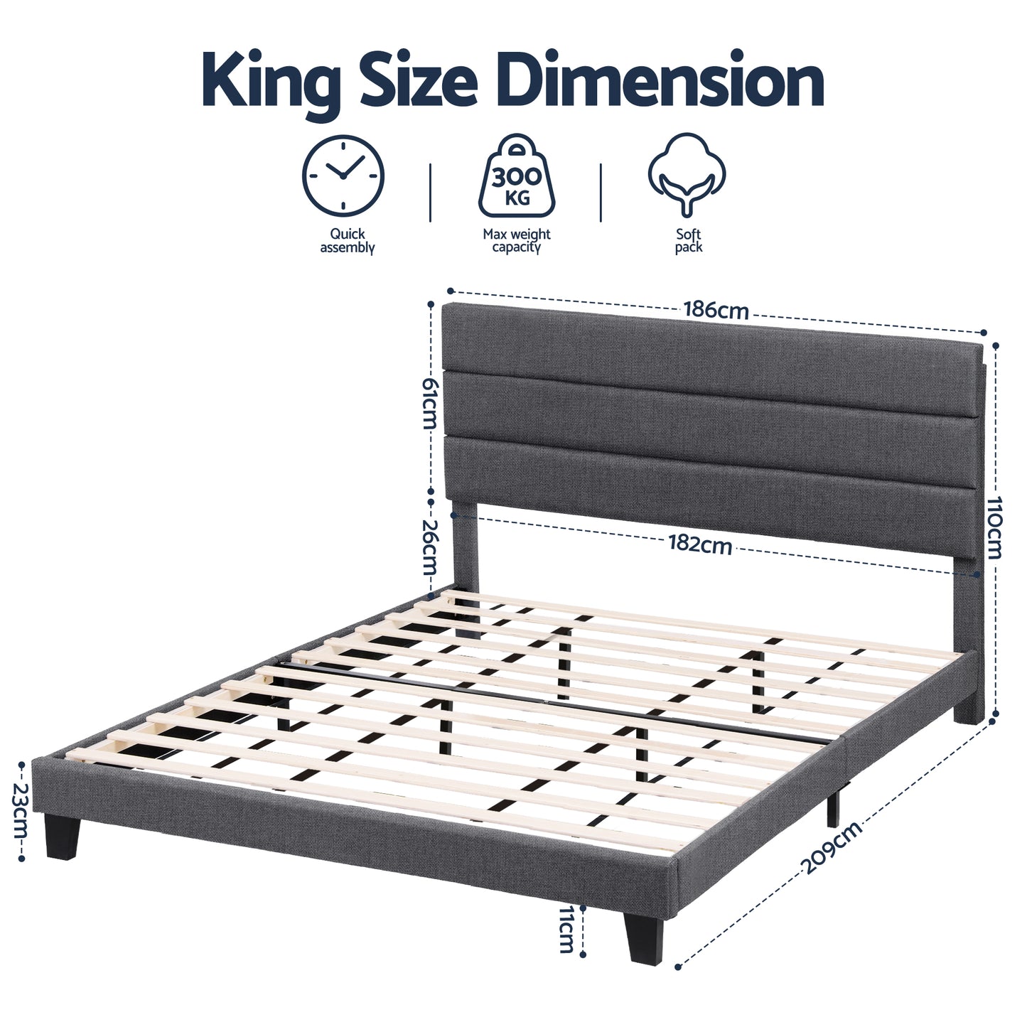 Artiss King Bed Frame Upholstered Platform Base with Geometric Headboard Charcoal Grey Linen Wood Slats for Modern Bedroom Furniture Home Decor