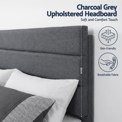 Artiss King Bed Frame Upholstered Platform Base with Geometric Headboard Charcoal Grey Linen Wood Slats for Modern Bedroom Furniture Home Decor