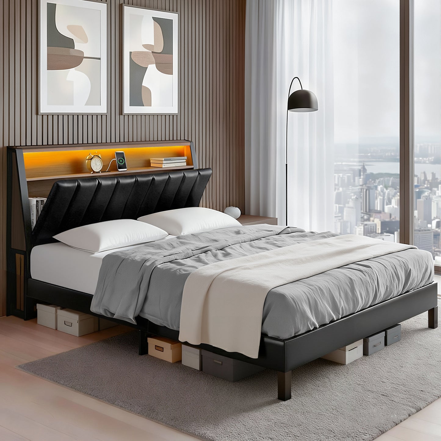 Artiss Double Bed Frame LED Storage Headboard with Charging Station Black