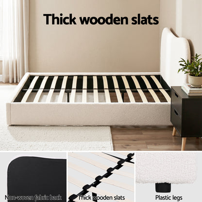 Artiss Double Bed Frame and Bedside Table Set Boucle Beige with Headboard Black Nightstand