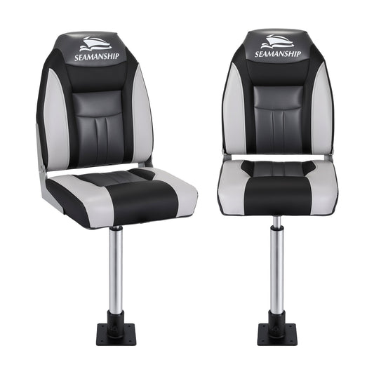 Seamanship 2X Folding Boat Seats with 2X Adjustable Pedestals 55–75cm Marine Seat Swivel High Back 12cm Padding Black