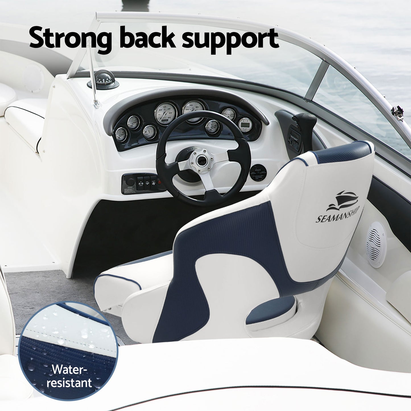 Seamanship Captain Bucket Boat Seats Flip Up Bolster Swivel 15cm Padding with Adjustable Pedestals 55–75cm Blue