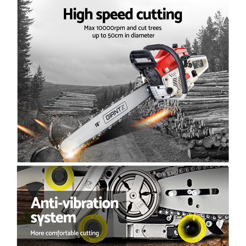 Giantz Chainsaw Petrol 45CC 18" Bar Commercial E-Start Pruning Chain Saw
