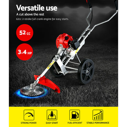 Giantz 52cc Petrol Brush Cutter Whipper Saw Trimmer 2 Stroke 3-in-1 Wheel