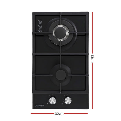 Devanti Gas Cooktop 30cm 2 Burner Built-in Stove Glass Cook Top NG LPG Wok Burner
