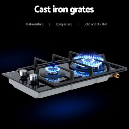 Devanti Gas Cooktop 30cm 2 Burner Built-in Stove Glass Cook Top NG LPG Wok Burner