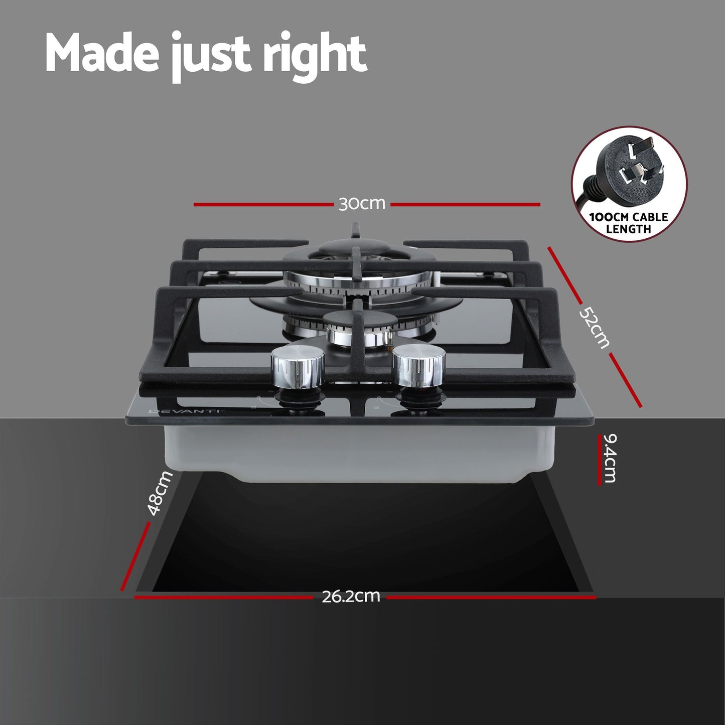 Devanti Gas Cooktop 30cm 2 Burner Built-in Stove Glass Cook Top NG LPG Wok Burner