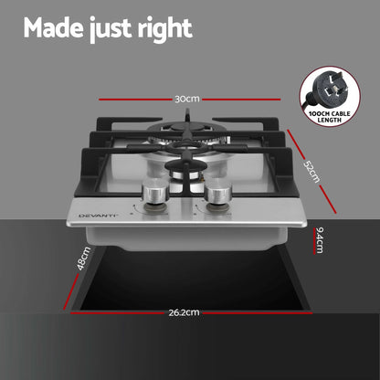 Devanti Gas Cooktop 30cm 2 Burner Silver
