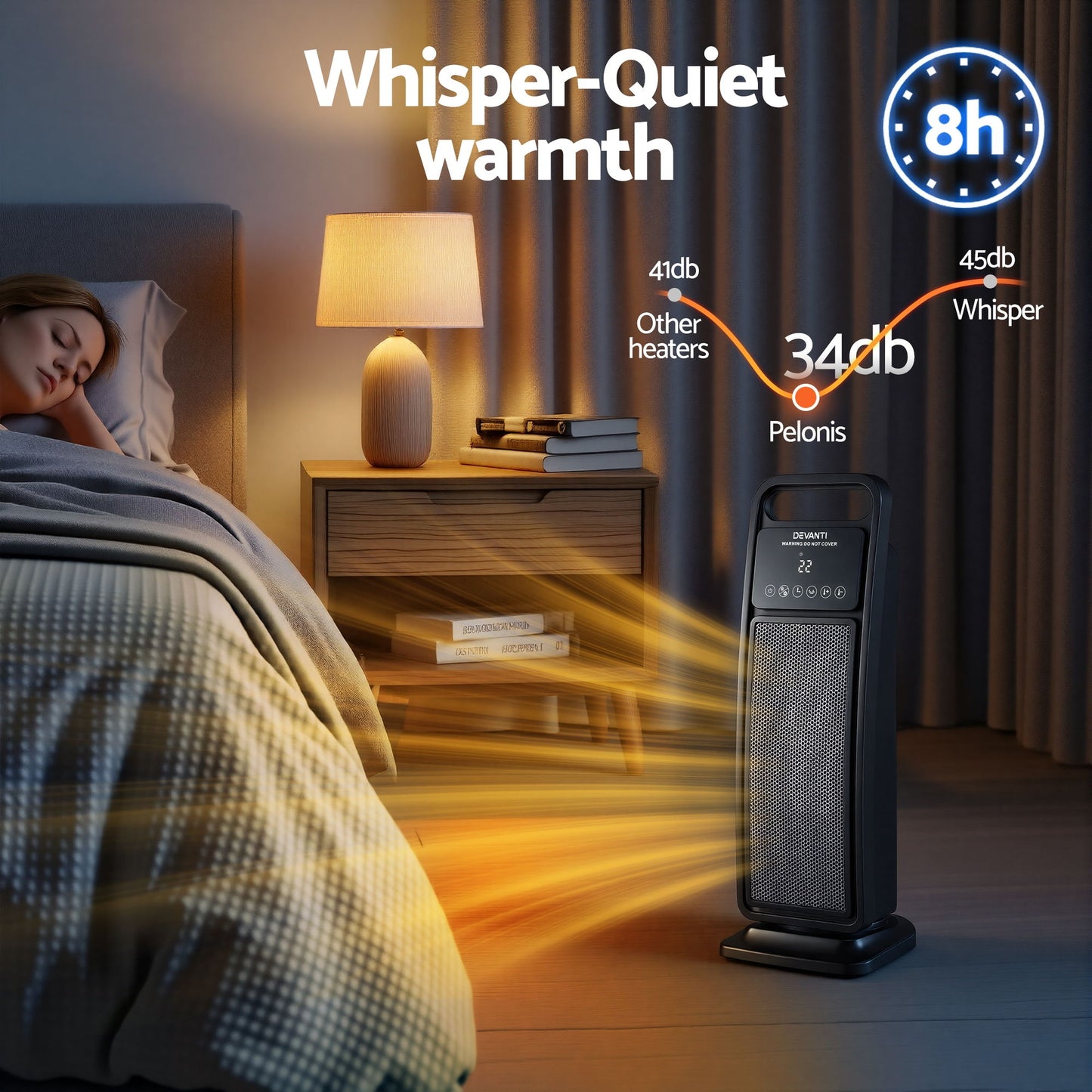 Devanti 2000W Ceramic Tower Heater Space Heaters Indoor Oscillating Black
