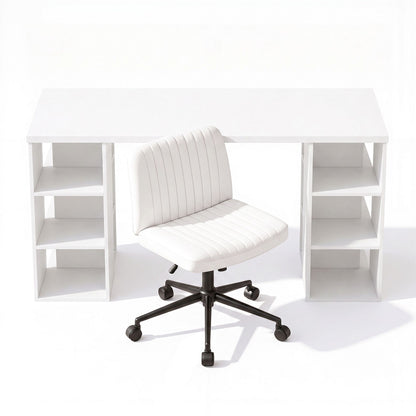 Artiss Office Desk & Chair Set 150cm Computer Desk with 6 Storage Shelves & Ergonomic Cross Legged Chair Armless Cross PU Leather Office Chair with Wheels