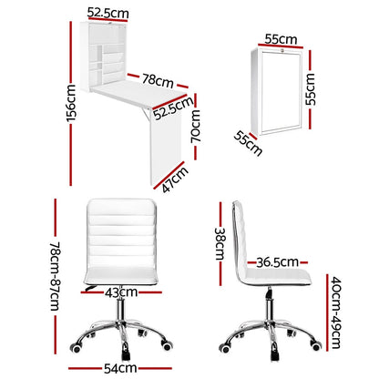 Artiss Computer Desk Office Chair Set PU Leather Wall Mount Foldable Table White