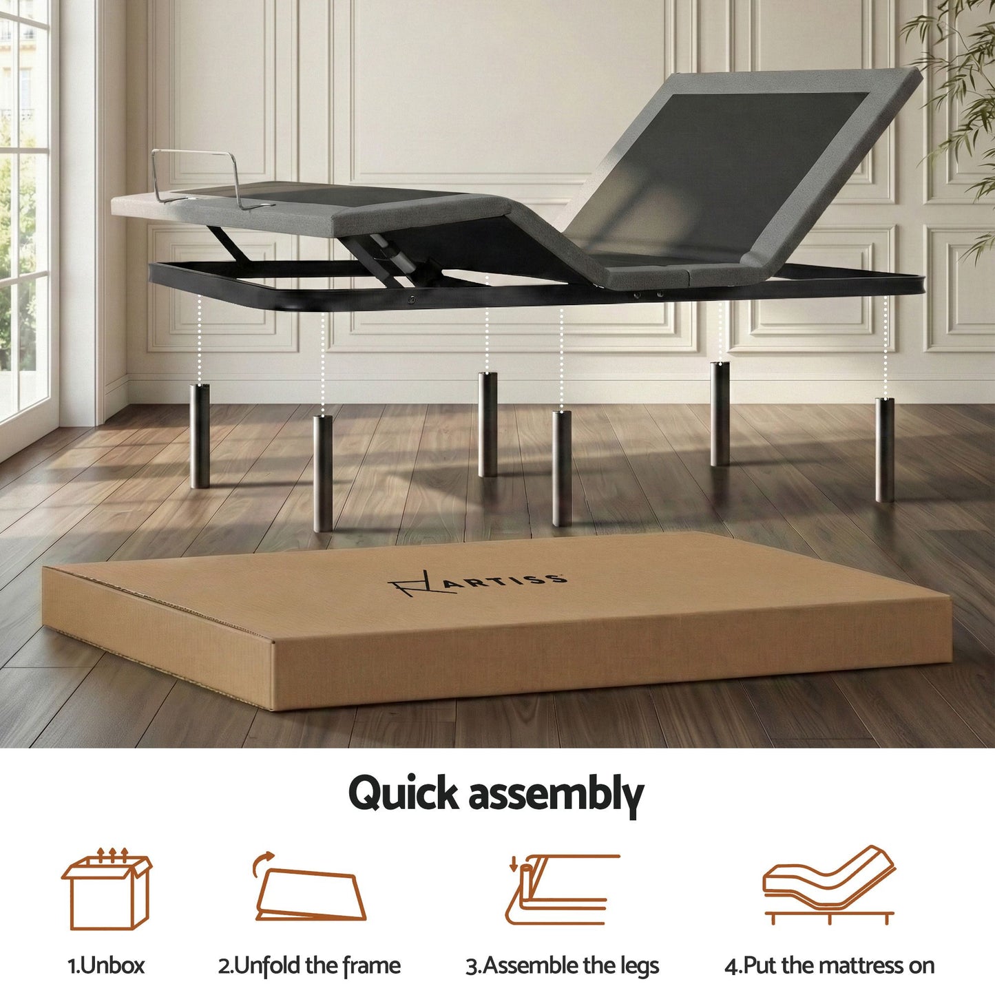 Artiss Queen size bed frame with Giselle Bedding Queen Mattress, adjustable bed Base Combo for Snoring Relief, Independent Head Foot Incline, Wireless Remote, Black,18cm Thickness