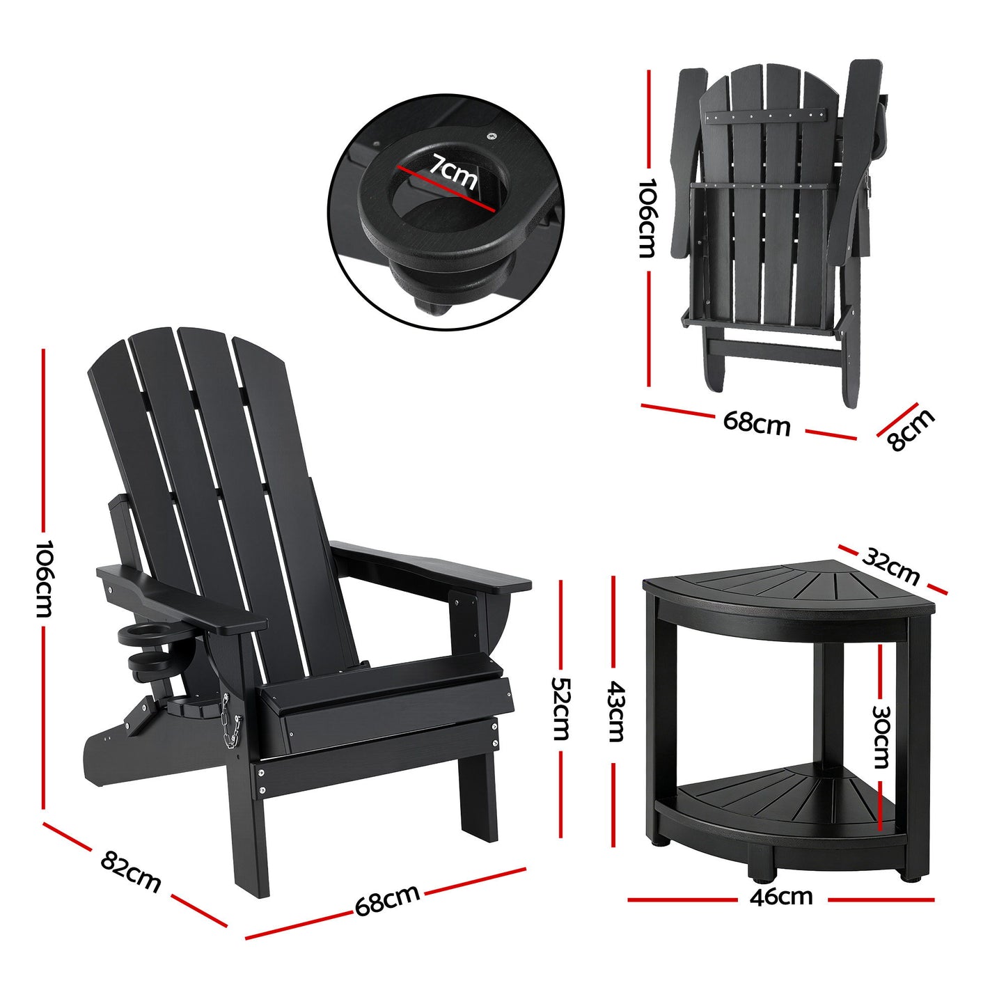 Gardeon Outdoor Table and Chairs HDPE Folding Adirondack Beach Chair Patio Furniture Black