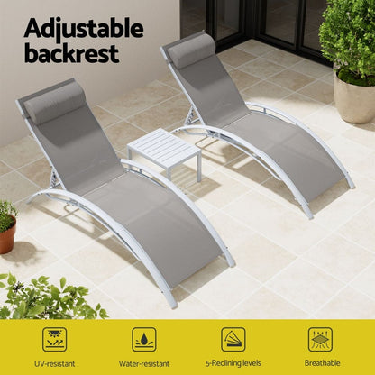 Gardeon 3PC Sun Lounge Outdoor Lounger Table Chairs Steel Patio Furniture Garden
