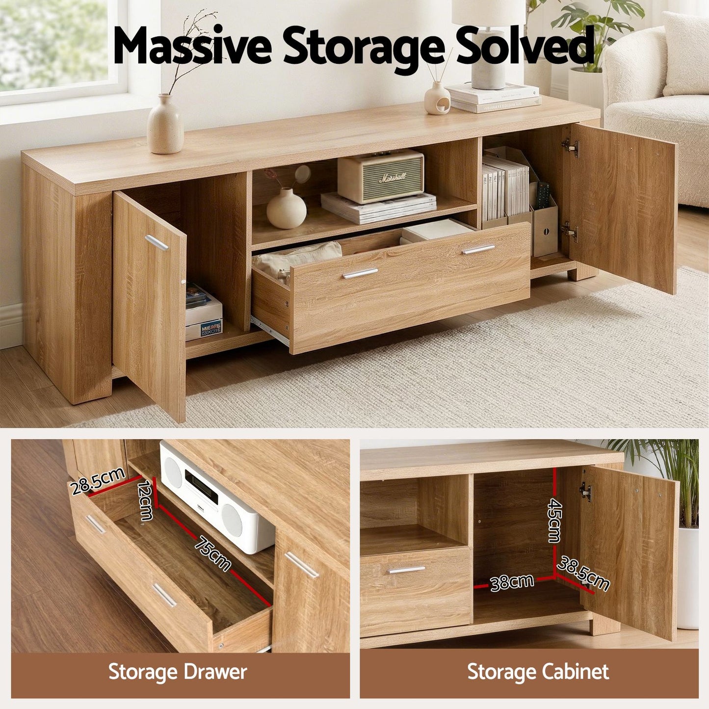 Artiss 180cm TV Unit Entertainment Unit Storage Drawer Cabinet Pine