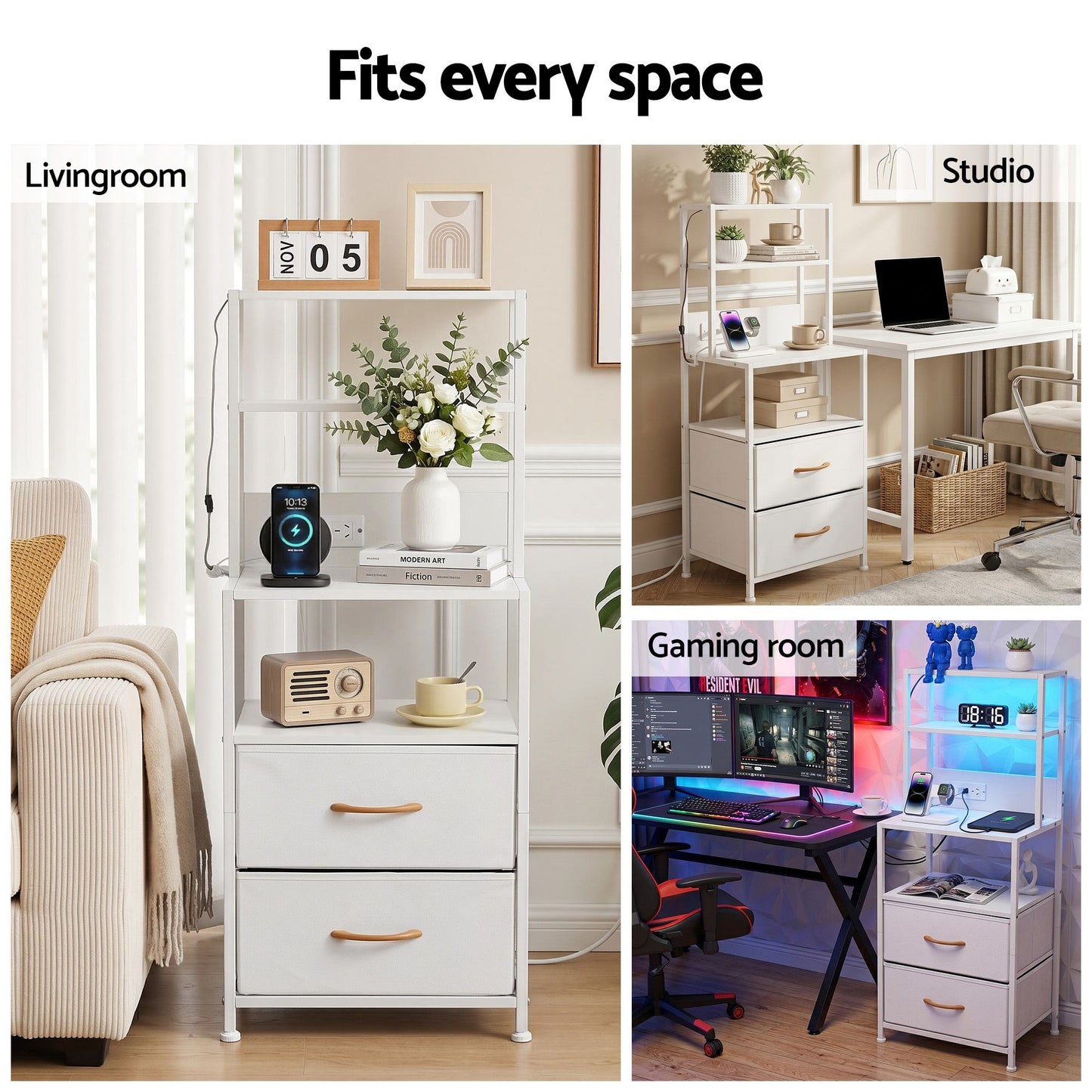 Artiss Bedside Table Tall Nightstand with Charging Station Drawers LED White