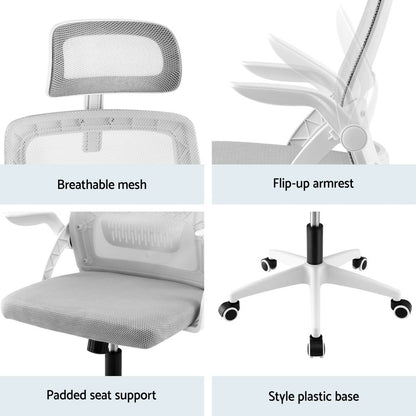 Artiss Home Office Desk and Chair Set, 136cm L Shaped Computer Desk with Shelves & Cable Management, Ergonomic Mesh Office Chair with Adjustable Headrest, Flip-Up Armrests