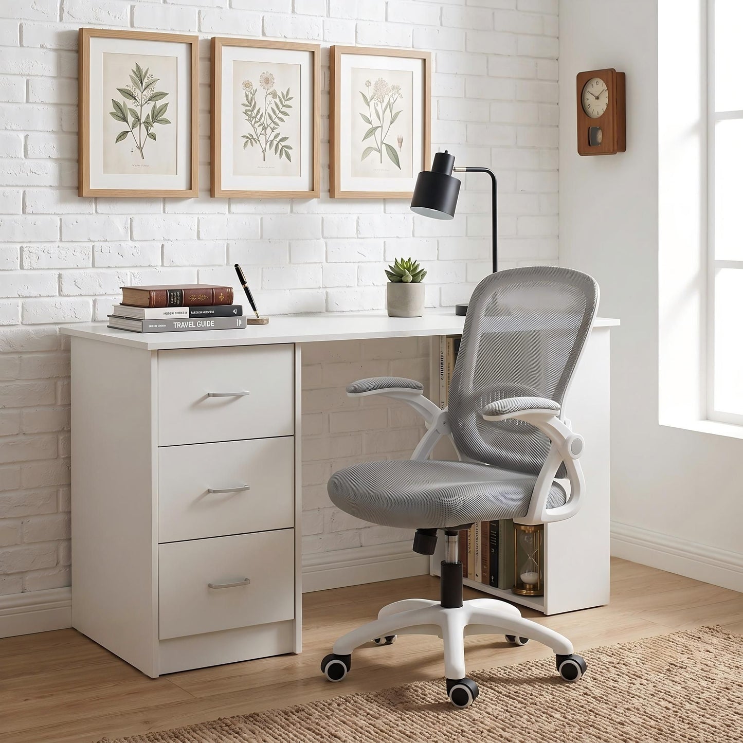 Artiss Computer Desk & Ergonomic Office Chair Set 120cm Home Office Study Desk with 3 Drawers & 3 Shelves, Mesh Computer Chair with Flip-Up Armrests