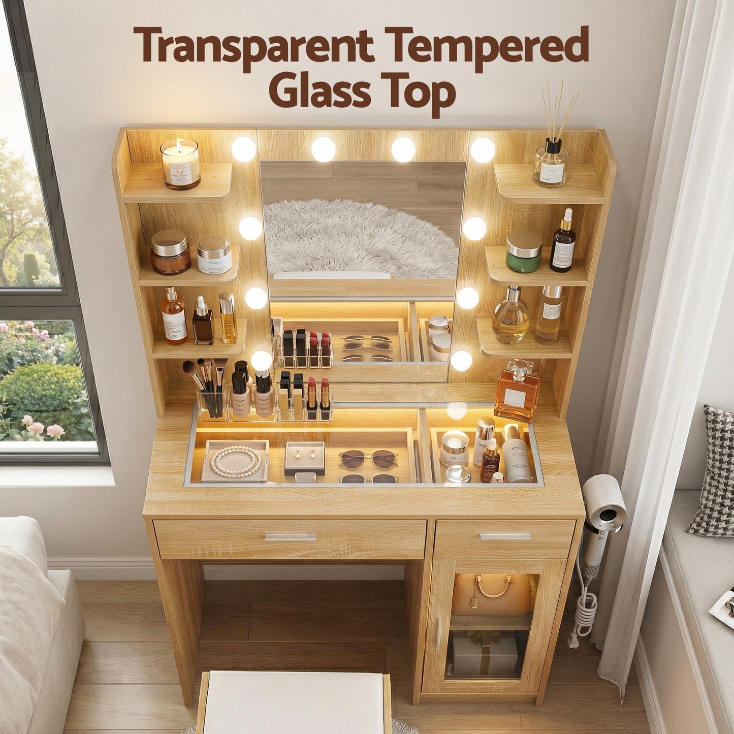 Artiss Dressing Table Vanity Desk Set 10 LED Bulbs RGB Light Wood