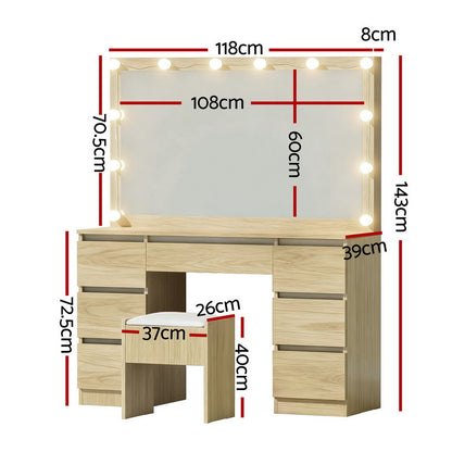 Artiss Dressing Table Vanity Desk Set Stool 12 Led Bulbs Wood