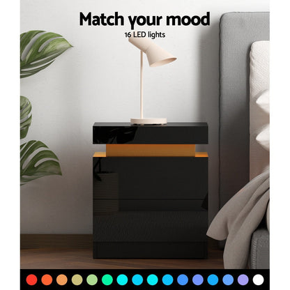 Artiss 2X Bedside Table LED 2 Drawers Lift-up Storage - COLEY Black