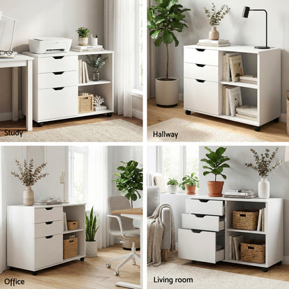 Artiss 3 Drawer Mobile Filing Cabinet Printer Stand Cabinet Home Office Storage White