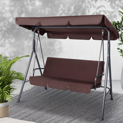 Gardeon Outdoor Swing Chair Garden Chair Bench Furniture Canopy 3 Seater Brown