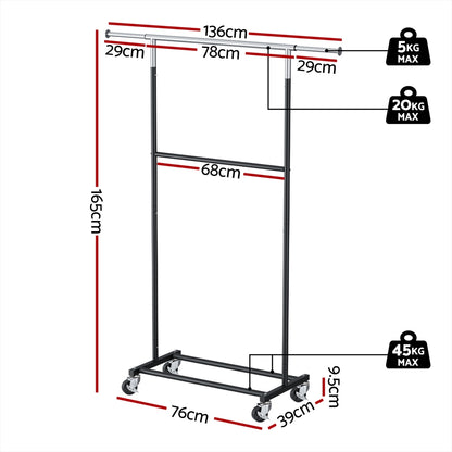 Artiss Clothes Rack Double Rod Airer Rail Coat Stand Adjustable Hanger