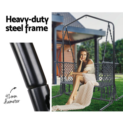 Gardeon Hammock Chair with Stand Macrame Outdoor Garden 2 Seater Grey