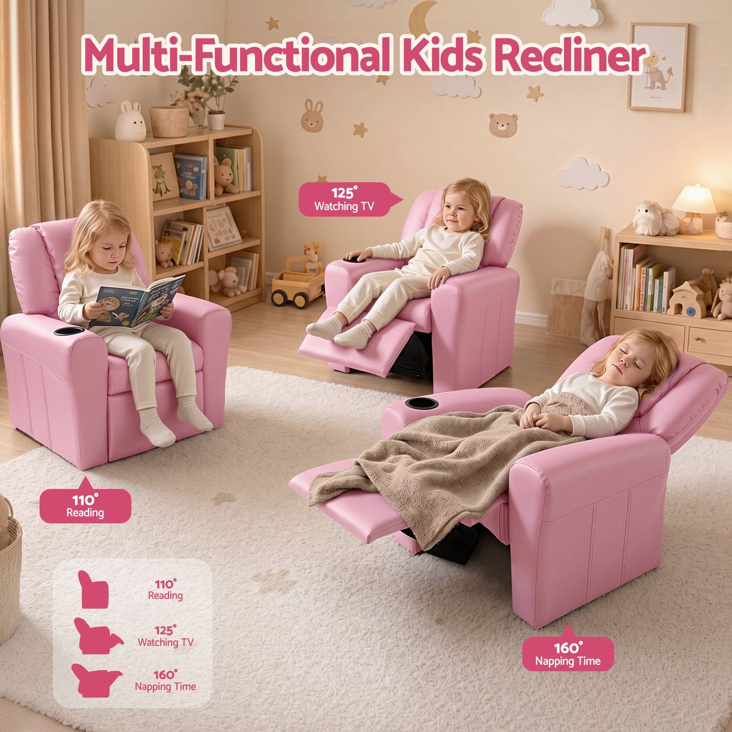 Keezi Kids Recliner Chair Pink PU Leather Sofa Lounge Couch Children Armchair