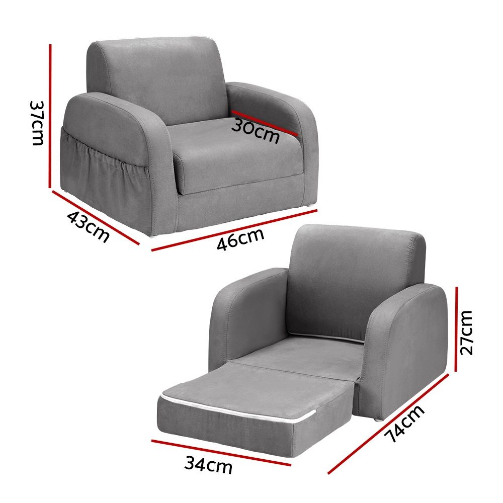 Keezi Kids Sofa 1 Seater Children Flip Open Couch Lounger Armchair Soft Grey