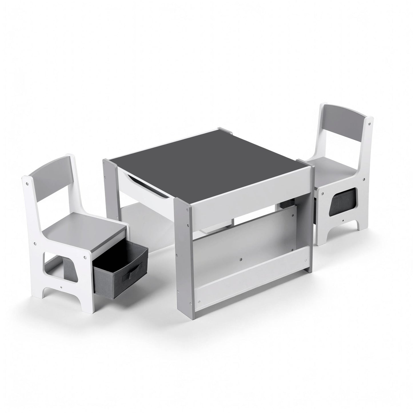 Keezi Kids Table and Chair Set, 4 in 1 Wooden Activity Table with Bookcase, Storage Box and Detachable Blackboard, Toddler Table and 2 Chairs Set, Grey