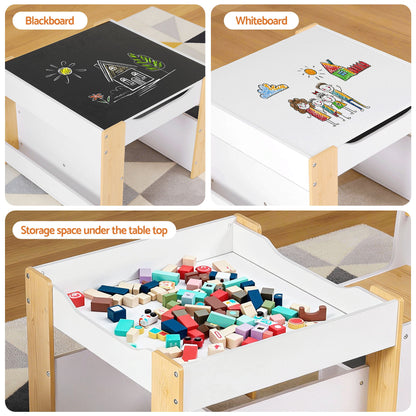 Keezi Kids Table and Chair Set, 4 in 1 Wooden Activity Table with Bookcase, Storage Box and Detachable Blackboard, Toddler Table and 2 Chairs Set, Natural