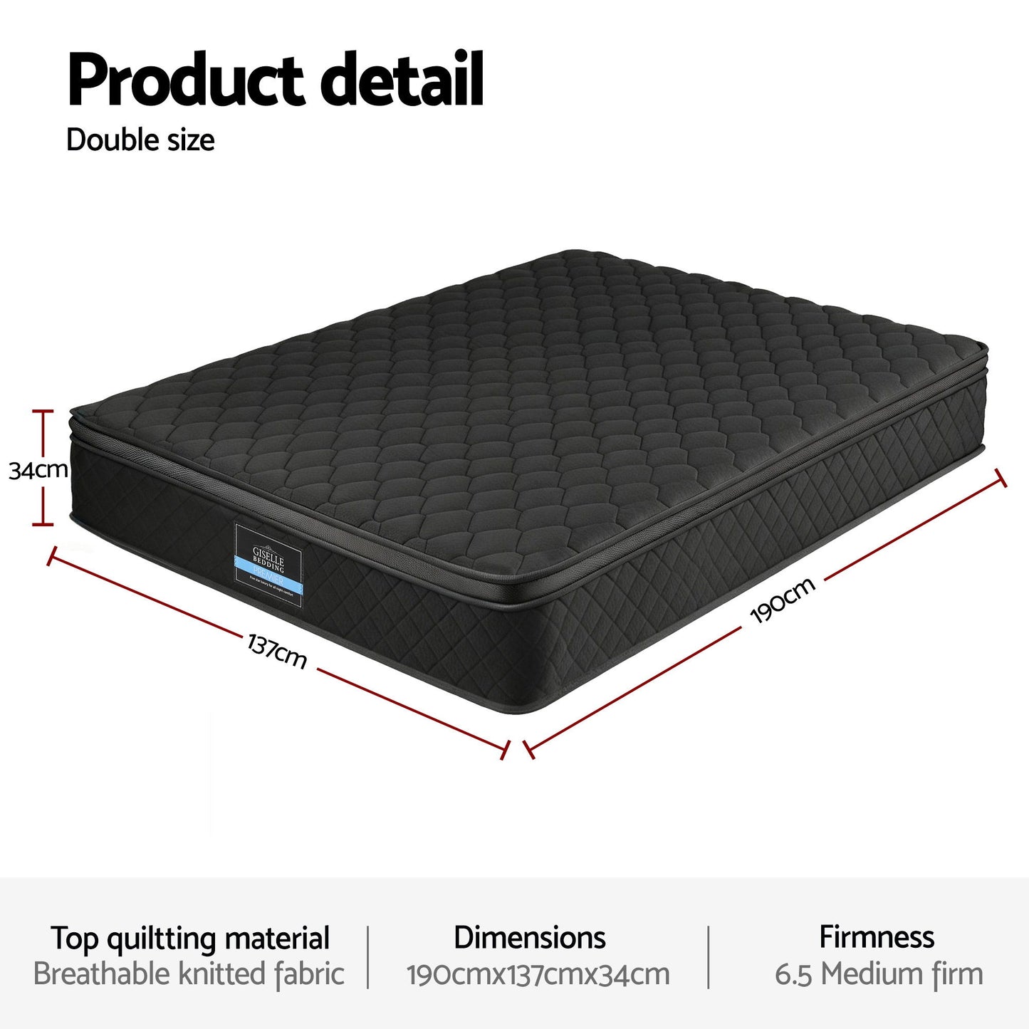 Giselle Bedding Double Mattress 34cm Euro Top with 5-Zone Pocket Spring Support Black