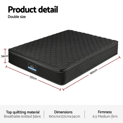 Giselle Bedding Double Mattress 34cm Euro Top with 5-Zone Pocket Spring Support Black
