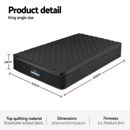 Giselle Bedding King Single Mattress 34cm Euro Top with 5-Zone Pocket Spring Support Black