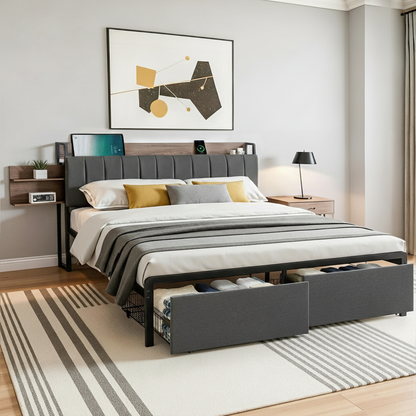 Artiss Metal Bed Frame King Size with 2-Tier Hidden Storage with Charging Station