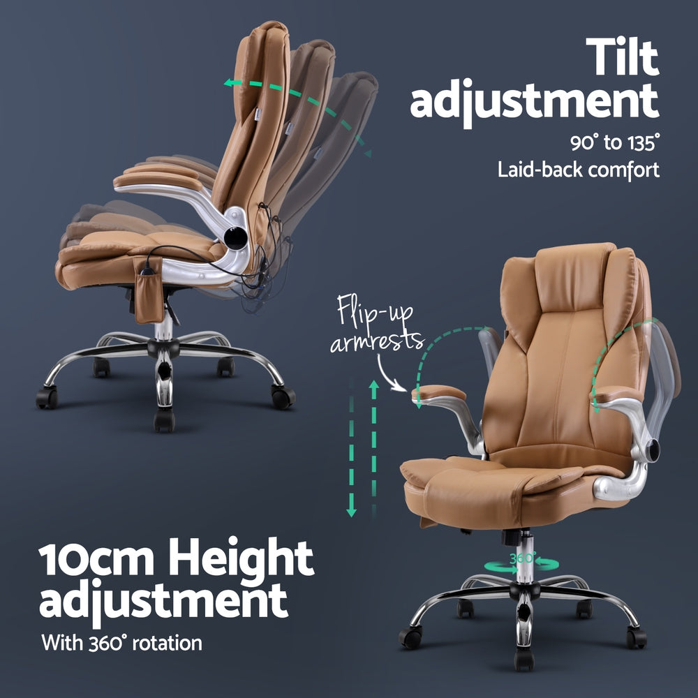 Artiss 8 Point Massage Office Chair PU Leather Brown