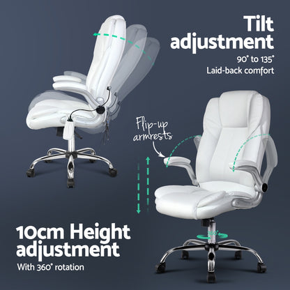 Artiss 8 Point Massage Office Chair PU Leather White