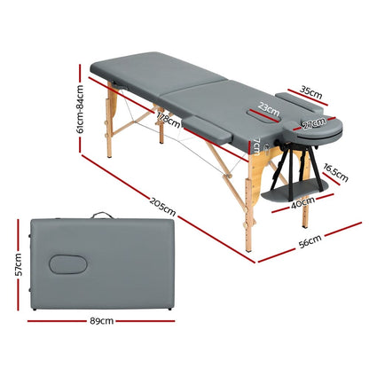 Zenses Massage Table 56cm Portable 2 Fold Wooden Beauty Bed Grey