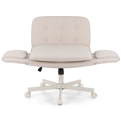 Artiss Criss Cross Chair with Wheels & Adjustable Armrests, Ergonomic Cross Legged Office Desk Chair PU Leather Vanity Chair Swivel for Home, Make Up, Bedroom, Computer, Beige