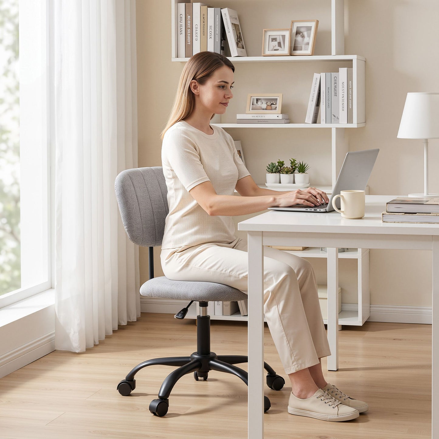 Artiss Armless Office Chair with Wheels, Ergonomic 360° Swivel Home Office Desk Chair, Height Adjustable Computer Task Chair with Fabric Back and Seat for Small Space, Grey