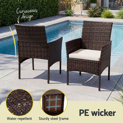 Gardeon 3PC Outdoor Bistro Set Patio Furniture Wicker Setting Chairs Table Cushion Brown