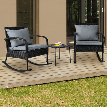 Gardeon 3PC Rocking Chair Table Wicker Outdoor Furniture Patio Bistro Set Black